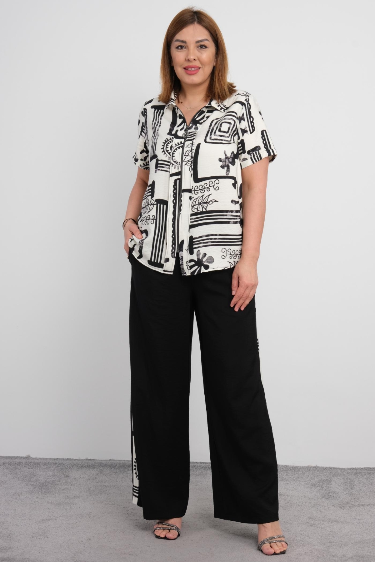 Plus Size Blouse and Pants Set-Black