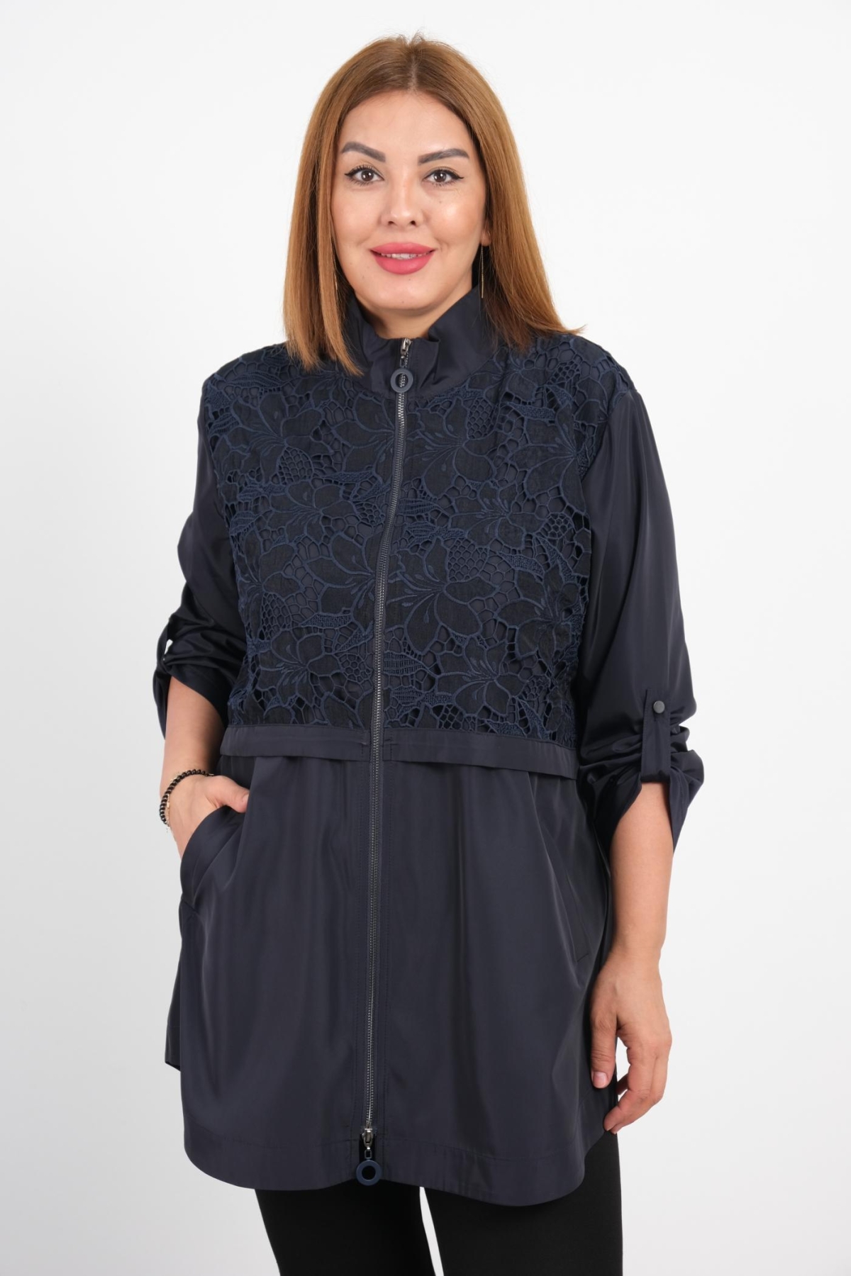 Plus Size Trench Coat-Dark Blue