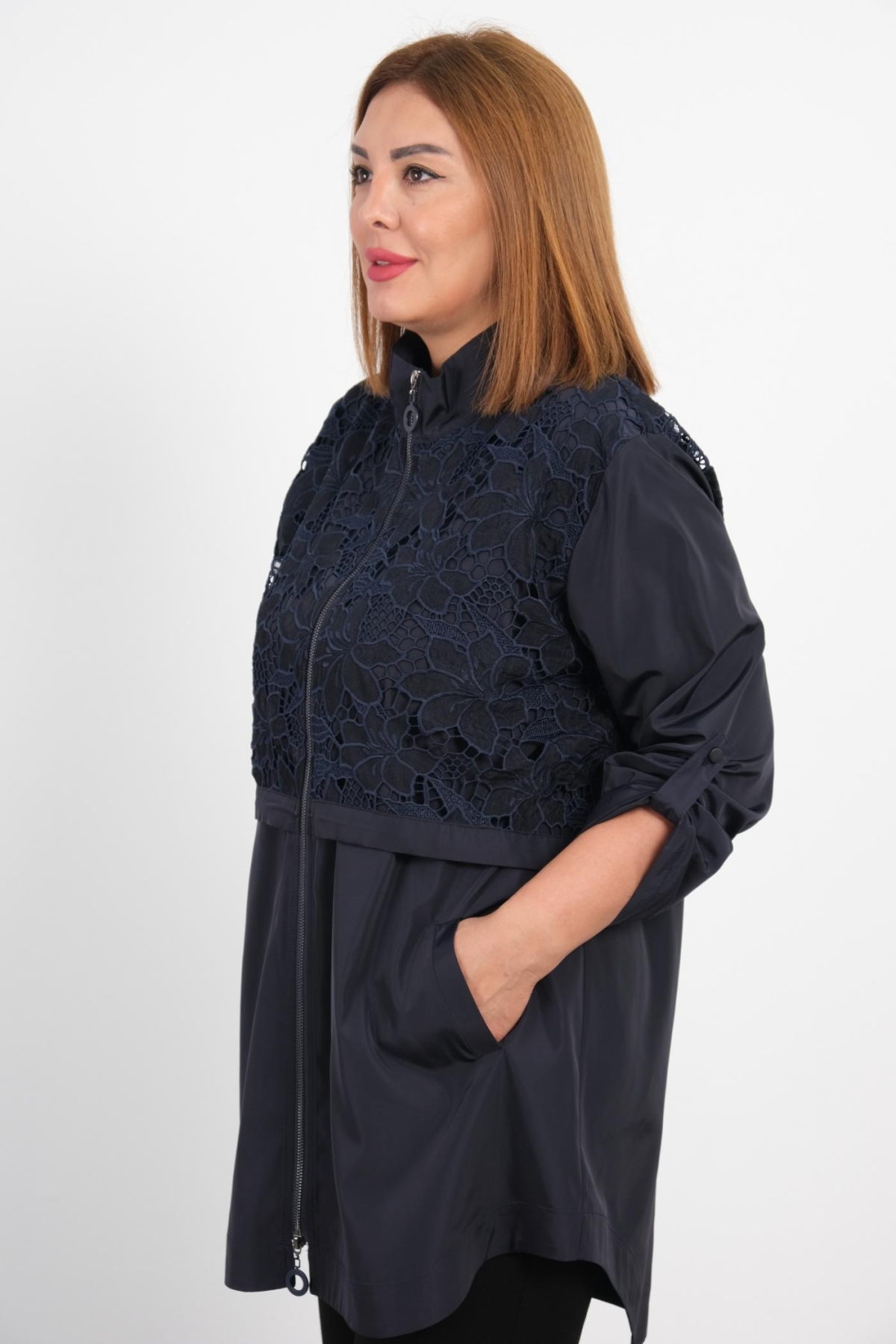 Plus Size Trench Coat-Dark Blue