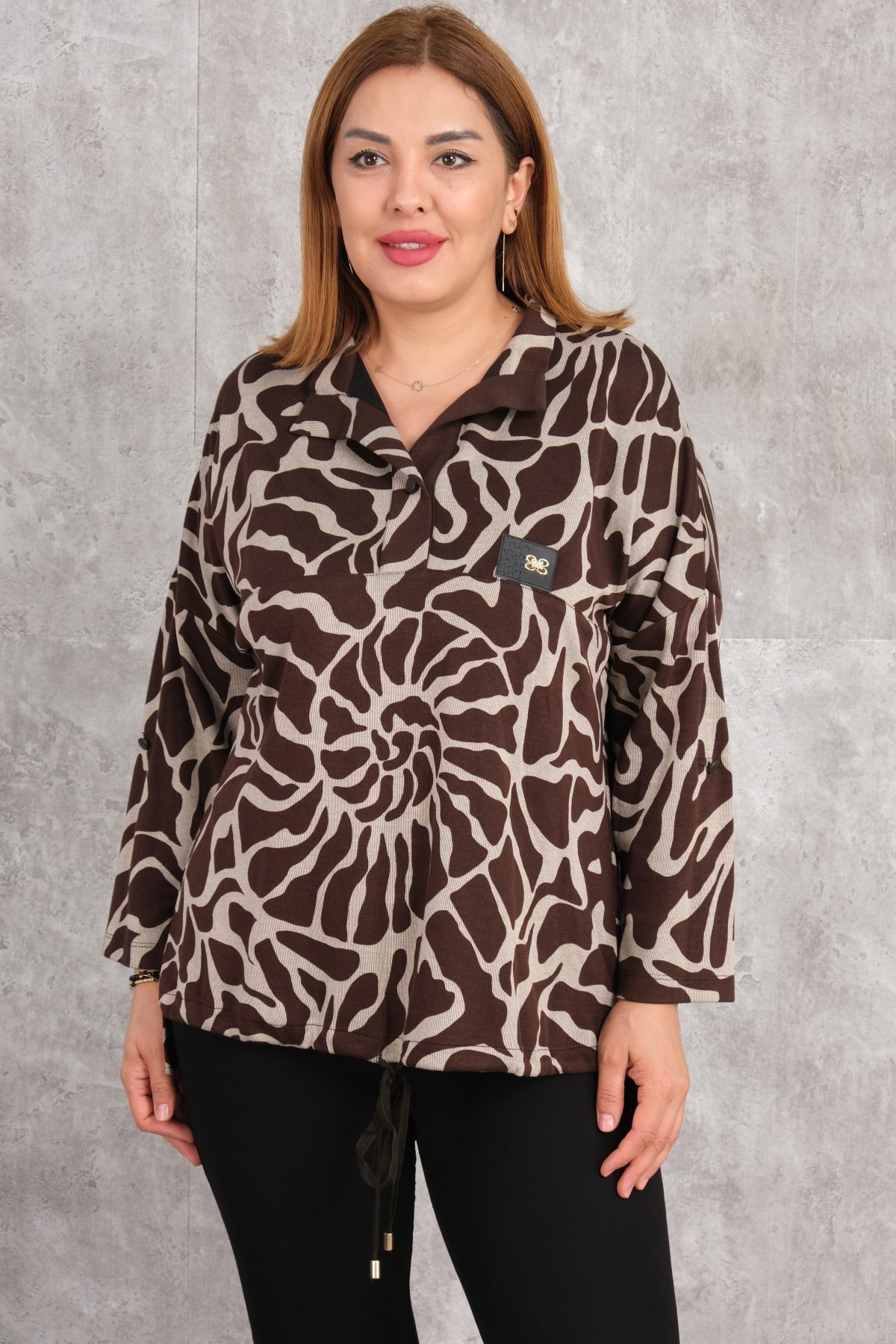 Plus Size Printed Blouse-Brown