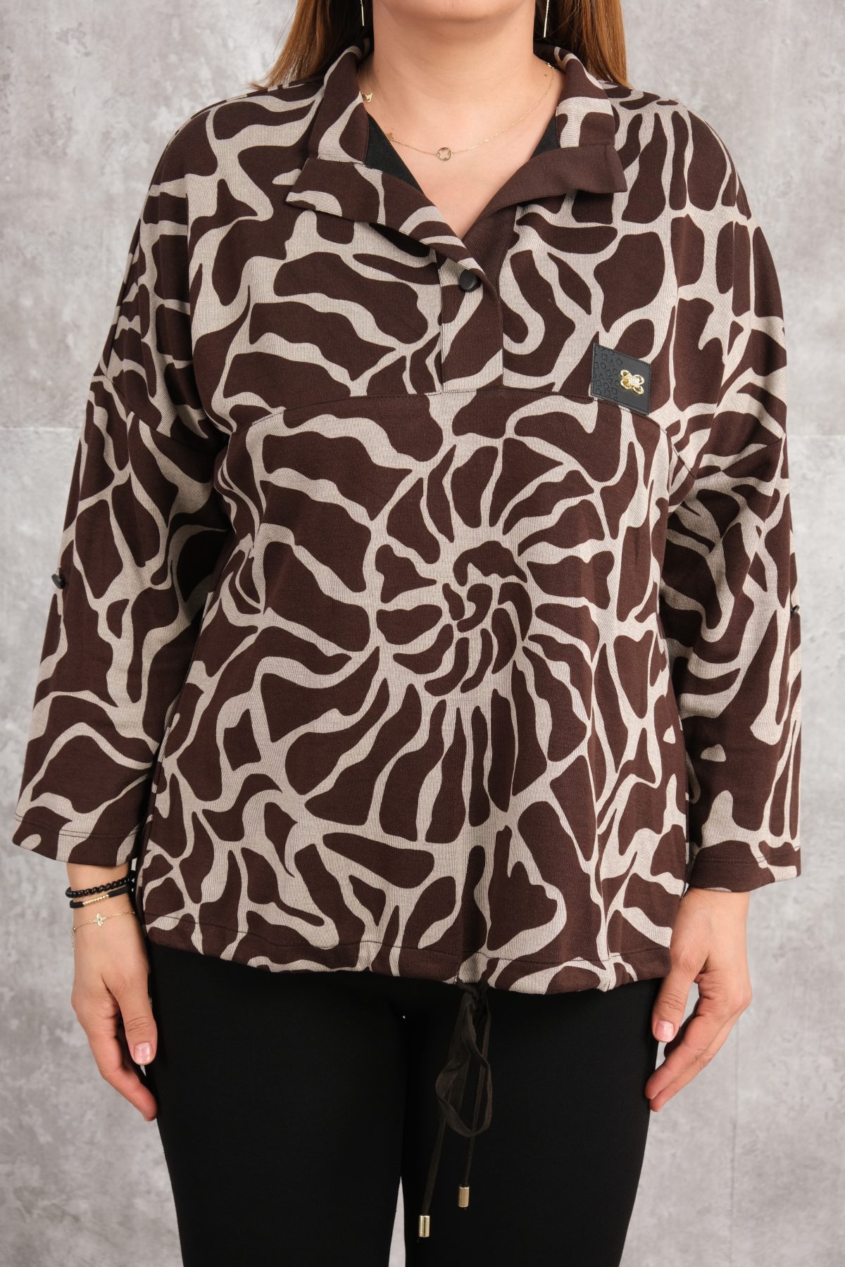 Plus Size Printed Blouse-Brown